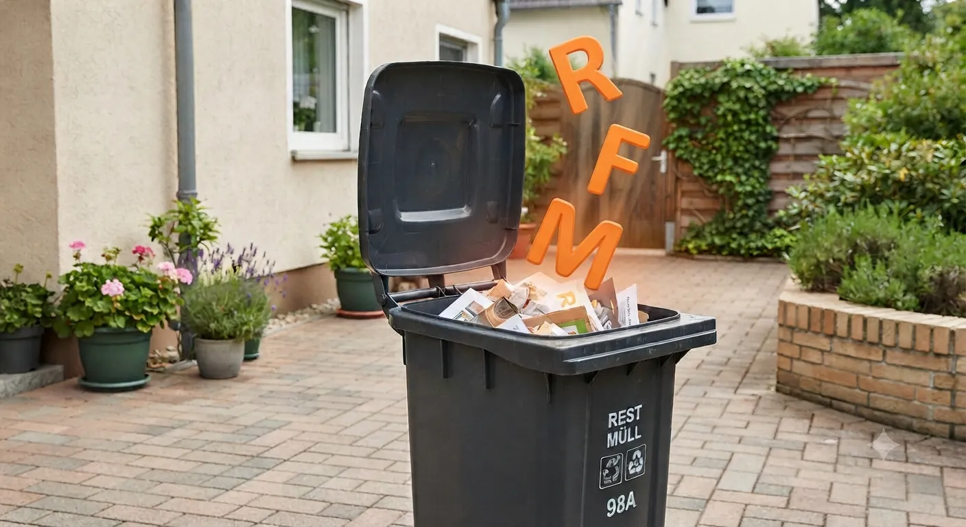 Mülltonne, in die die Buchstaben R, F und M fallen